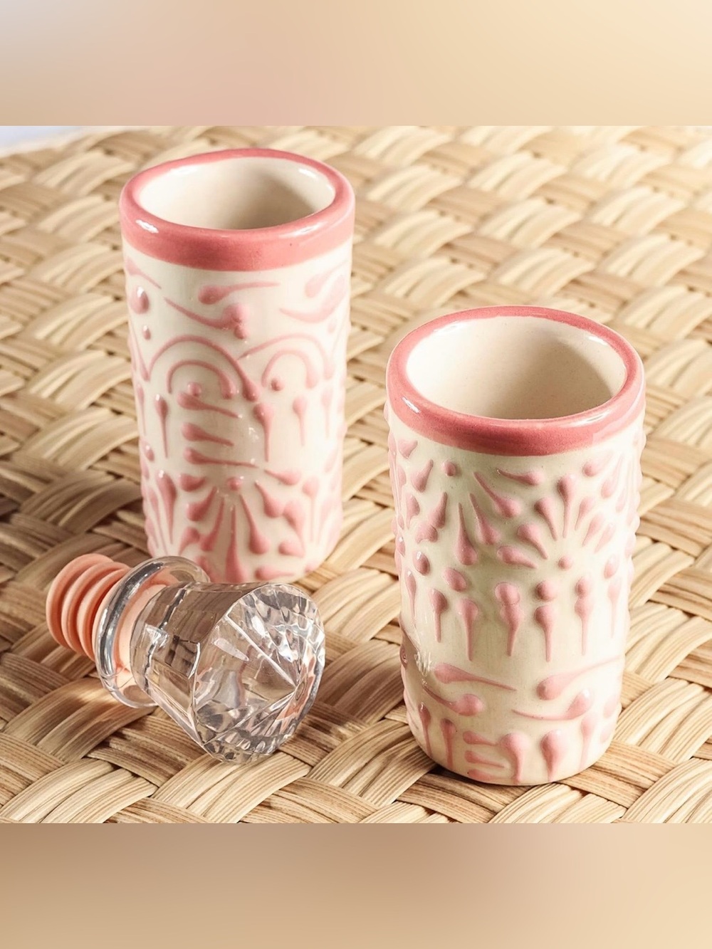 🥃2 Embossed Ceramic Shot Glasses Set in Pink and Cream Talavera 🥃
